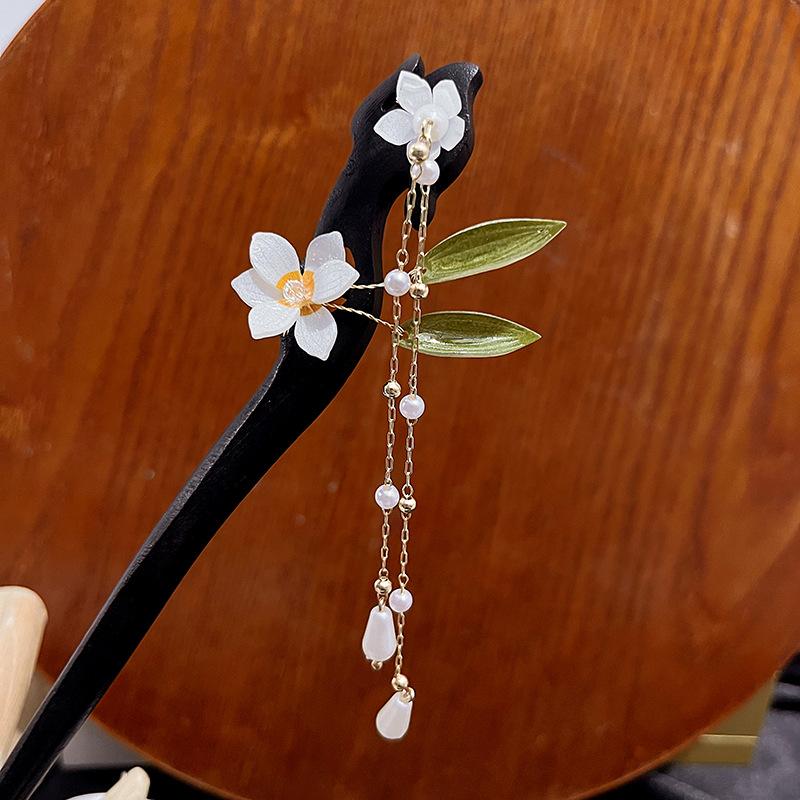 Ebony Ancient Wind Hairpin Exquisite Disk Pull Hair Glazed Beads Flowers Tassel Step Shaking Hanfu Ancient Costume Hairpin Hair Accessory