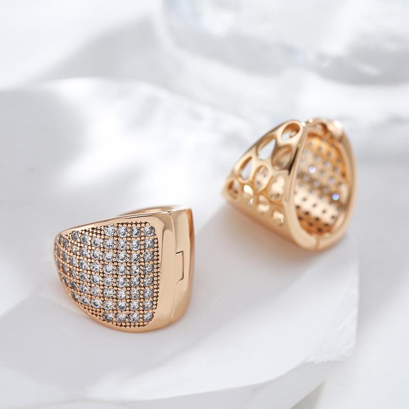 Modne błyszczące kolczyki koła z cyrkonii naturalnej, w całości wysadzane, dla kobiet. Luksusowe, różowe złoto. Biżuteria ślubna dla panny młodej, do noszenia na co dzień.