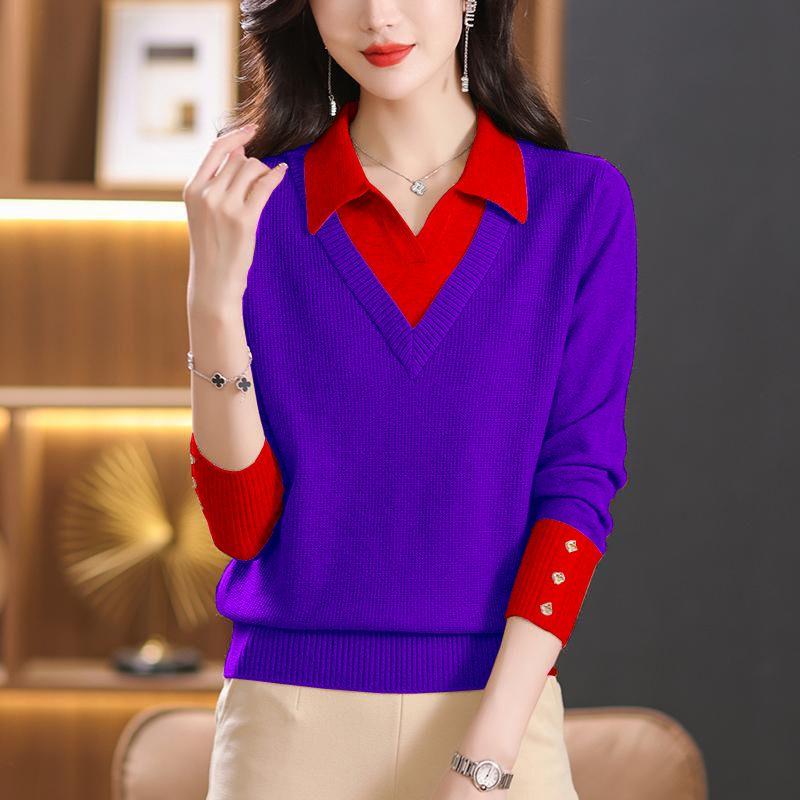 

Вязаный женский топ с длинным рукавом, имитация двух частей, осенняя новая модная стильная рубашка, теплый свитер, базовый слой, топы L фиолетовый