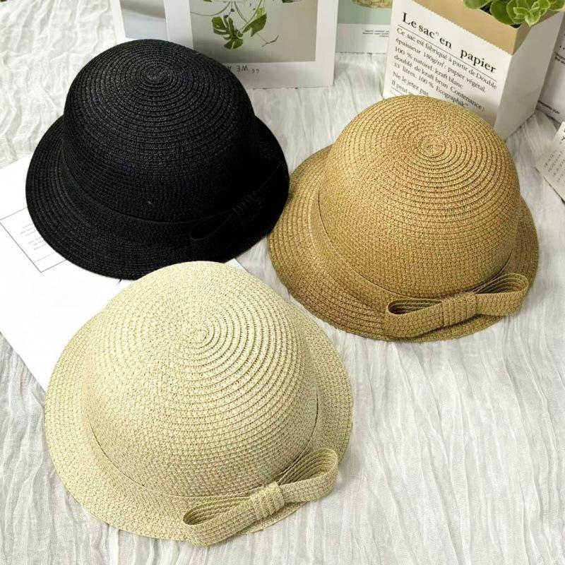 New Straw Hat French Elegant Small Brim Hat Children Summer Sunscreen Celebrity Big Edge Basin Hat Bow Sun Hat