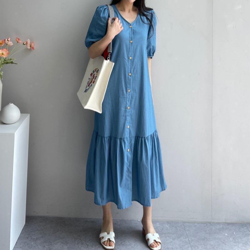 

2026 Korean Retro V-Neck Ruffle Short Sleeve Denim Dress for Women Extra Large светло-синий
