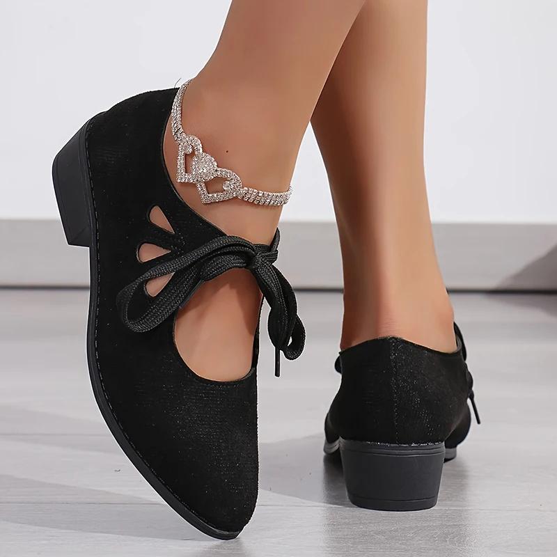 Fashion 2025 Vintage Lace Up Thick Heels Pumps Women Shoes 2025 Spring Pointed Toe Mary Jane Shoes Woman Plus Size Faux Suede Pumps 43