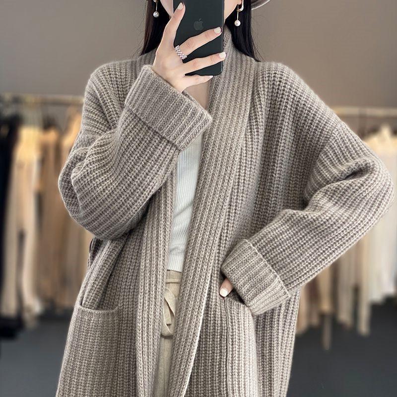 Women Autumn/Winter Knitted Cardigan Sweater Pockets Long Sleeve Jacket Korean Style Elegant Casual Loose Knitwear