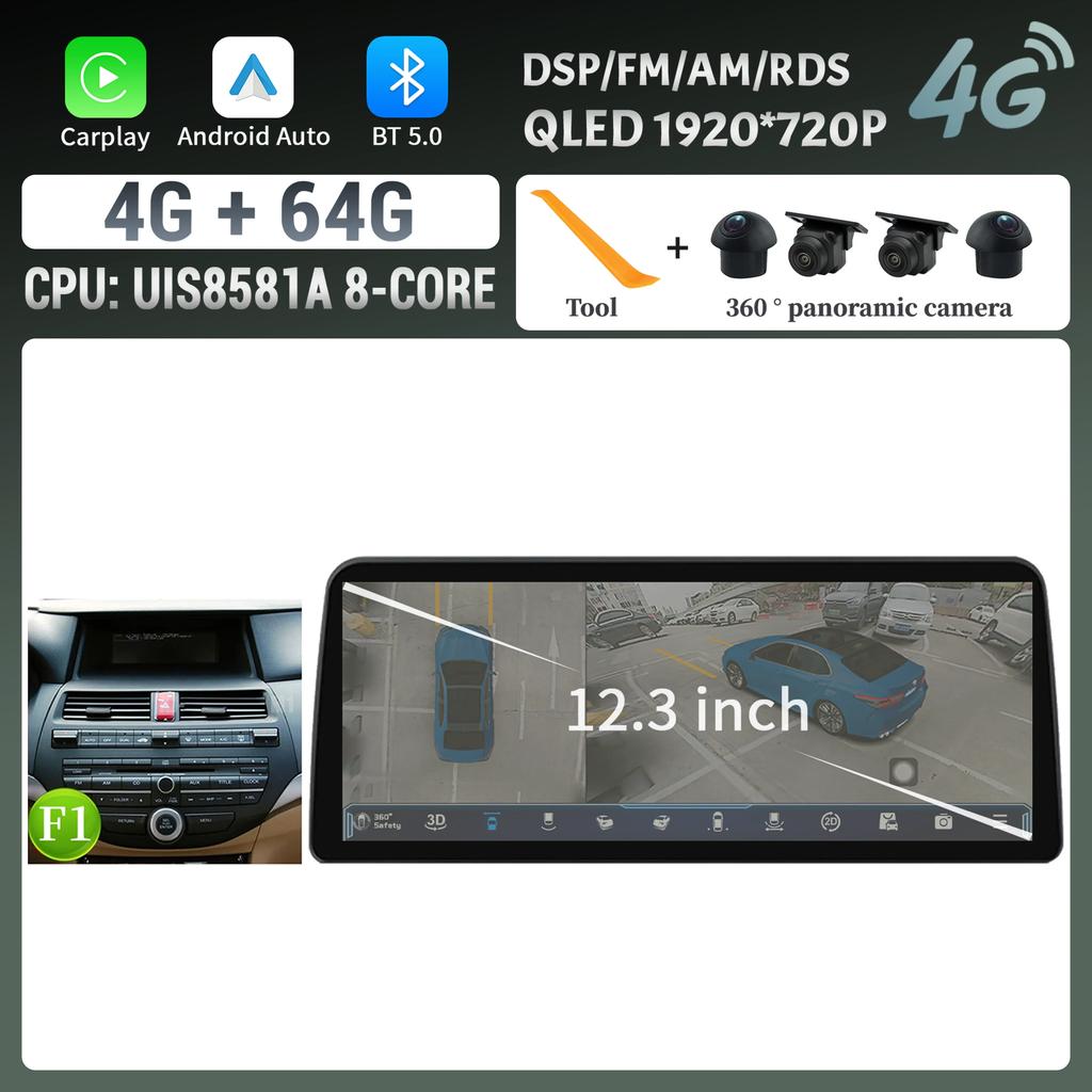 12.3inch Android For Honda Accord 2008-2012 Car Radio Multimedia Navigation 4G GPS Wireless BT CarPlay Touch Head Unit Screen