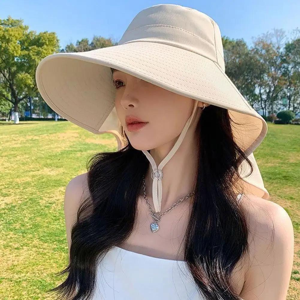 Summer Large Brim Sun Hats For Women Outdoor UV Anti Neck Protection Sun Visors Lady Fishing Hiking Shawl Sunscreen Cap