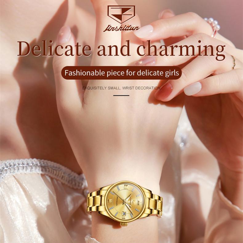 JINSHIDUN Nuevo reloj de negocios y ocio para damas Elegante, ligero, de lujo, informal, resistente al agua, reloj mecánico de calendario único, reloj de alta gama