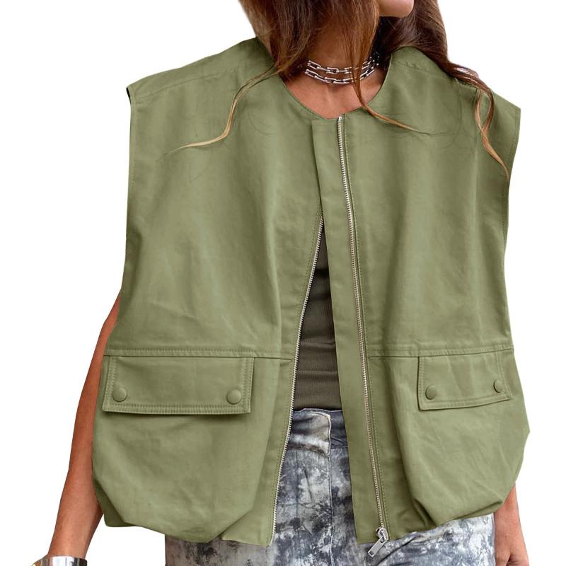 

Женский свободный жилет без карманов на манжетах, однотонный кардиган, модная куртка на молнии, для женщин XL зелёный