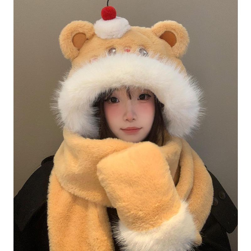 

Торт медведь плюшевая шапка зимние перчатки шарф шапка интегрированная для лица маленькая защита от холода теплая защита ушей one size fits all жёлтый