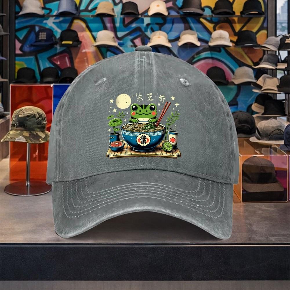 Frog Ramen Graphic Washed Denim Baseball Cap Adjustable Cotton Outdoor Casual Street Hat