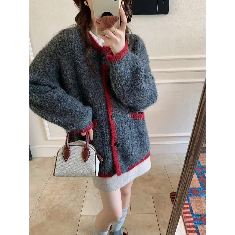 Autumn and winter new retro lazy wind knitted cardigan women's contrasting colors versatile loose soft waxy sweater jacket