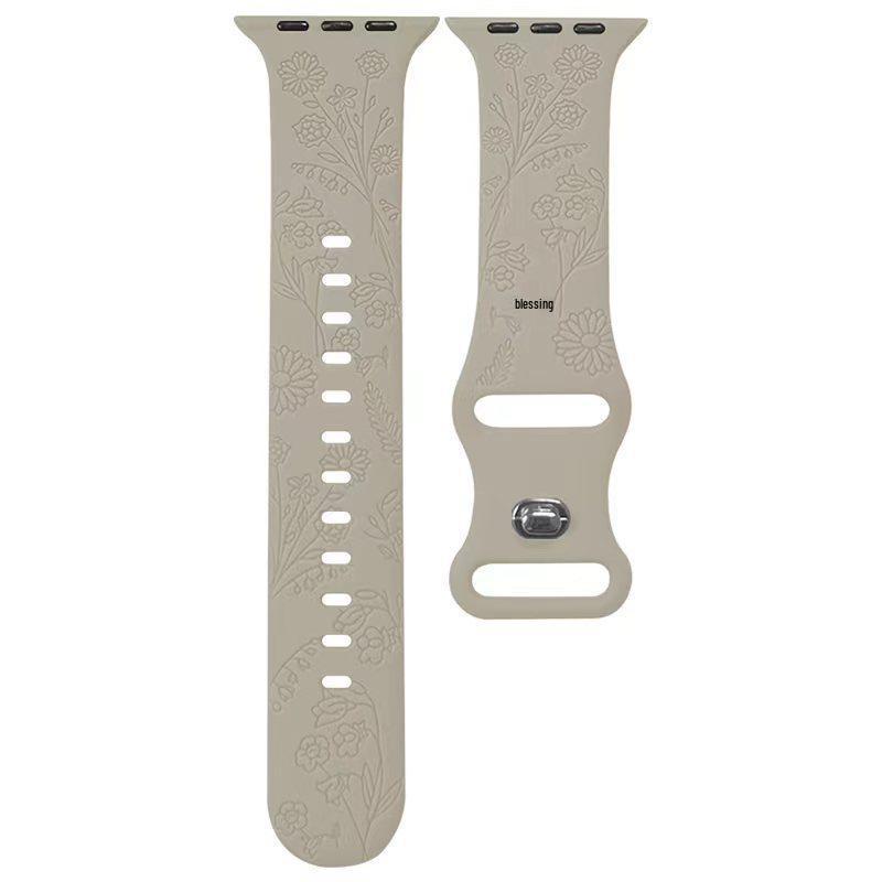 Applicable: Floral Monochrome Engraved Silicone Strap with 8-Character Buckle for Apple Watch 11
