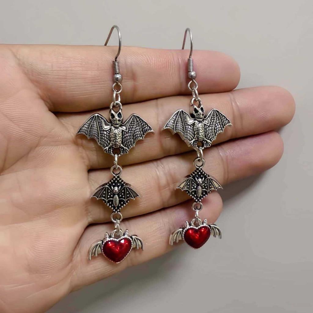 Gothic Bat Earrings, Punk Style, Red & Black Heart Dangle Earrings, Unique Statement Earrings