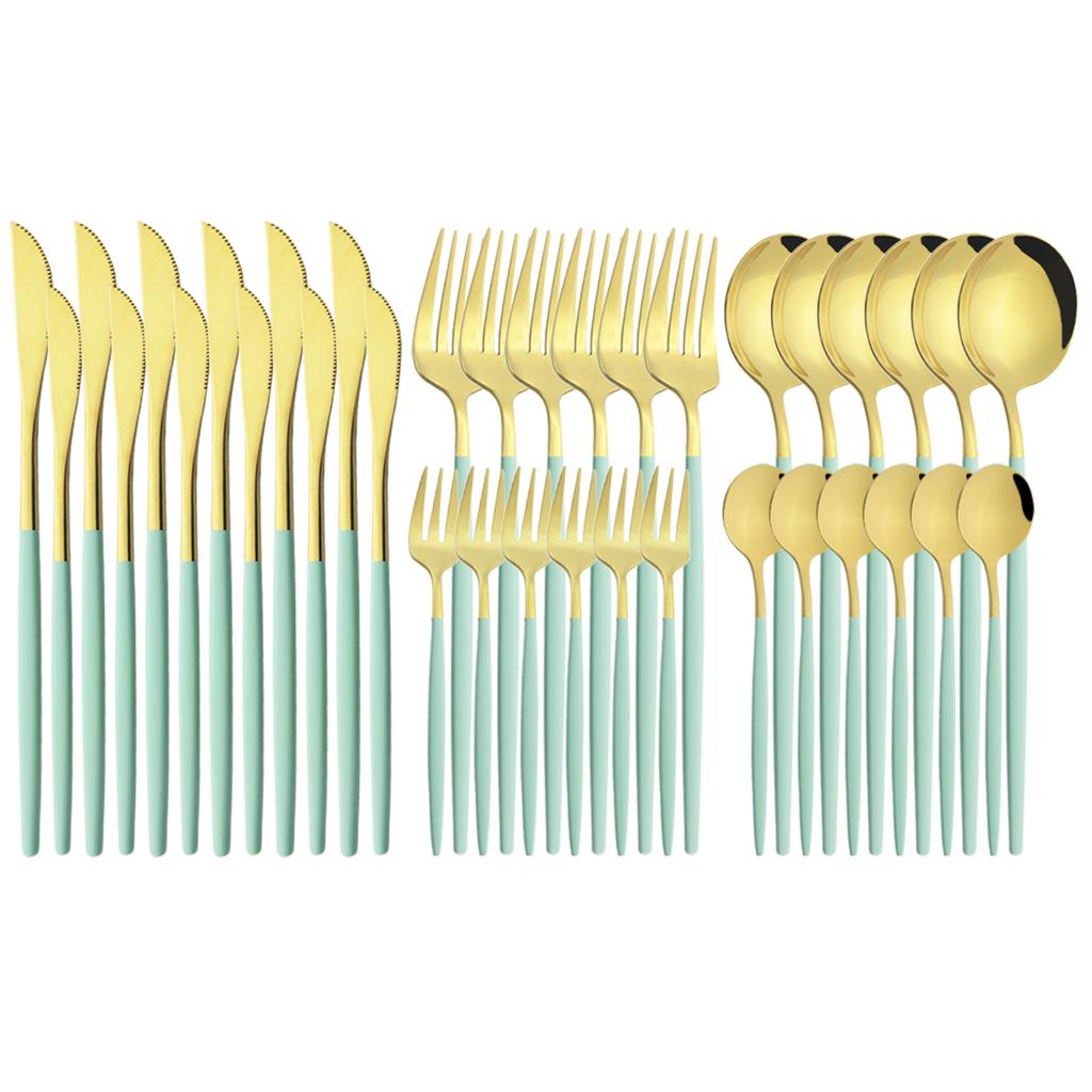 36Pcs Black Gold Cutlery Set Mirror Silverware Stainless Steel Dinnerware Dessert Knife Cake Fork Spoon Tableware Flatware Kitchen Wedding Accessories