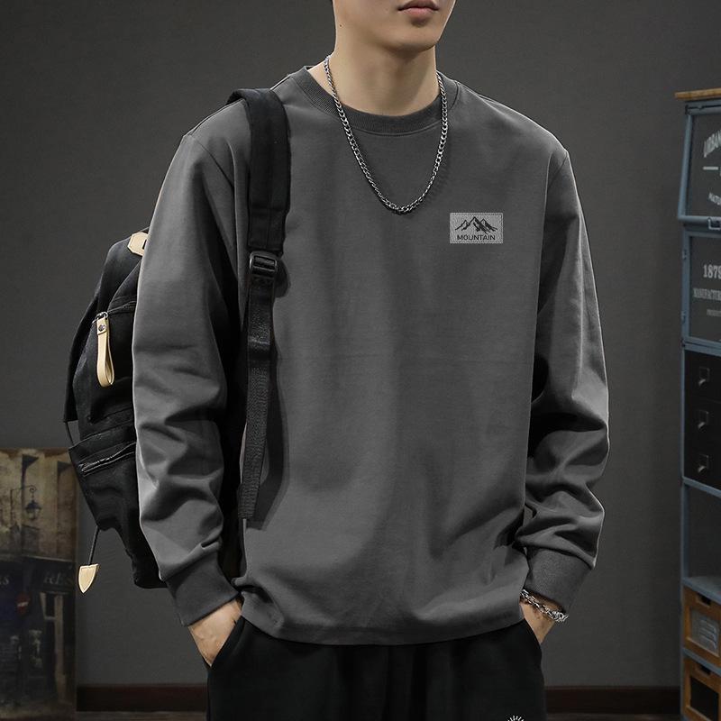 Men's Heavyweight Pure Cotton Crew Neck Long Sleeve T-Shirt for Teens - Spring/Autumn 2025