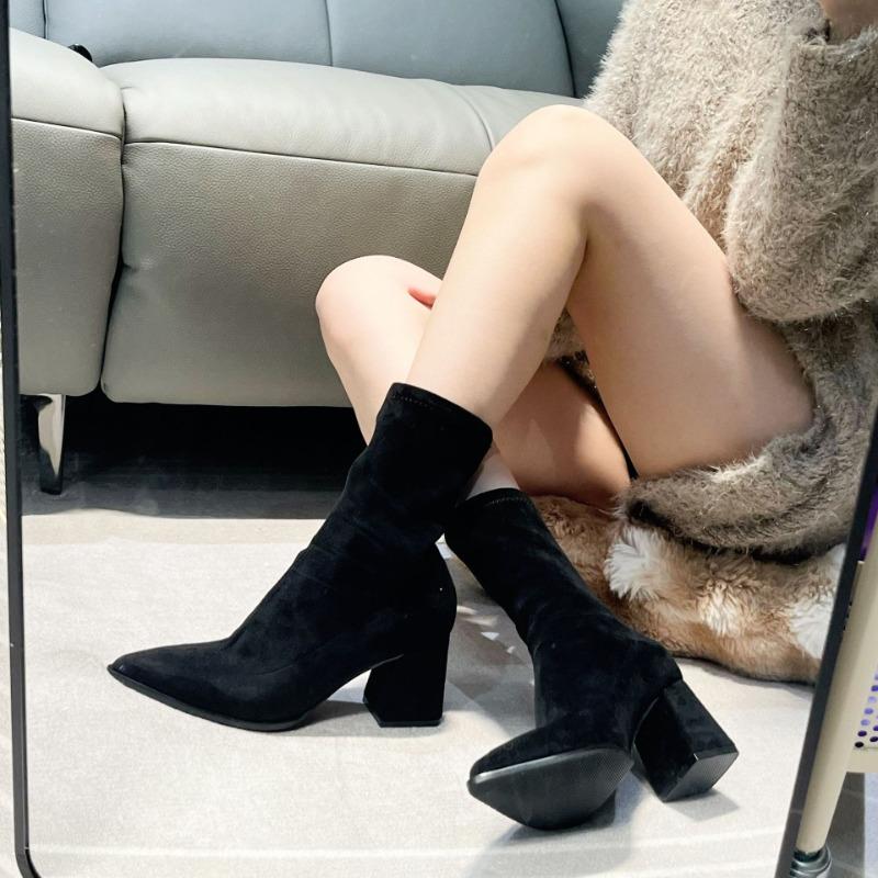 Herbst und Winter spitze dünne Stiefel mittlerer Absatz dicker Absatz kurze Stiefel Damen kurze vielseitige elastische Stiefel nackte Stiefel Einzelstiefel