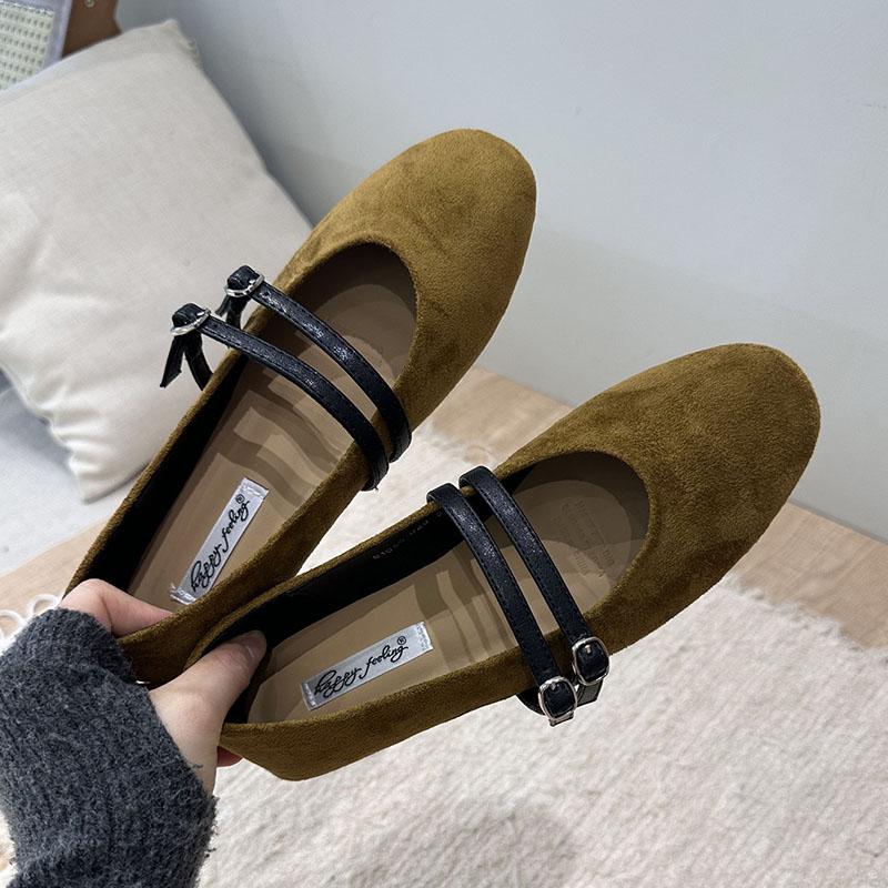 Fashion Fashion Buckle Strap Ladies Mary Janes Flats Shoes Round Toe Female Shallow Footwear Flock Women Ballet Flats Dance Shoes New
