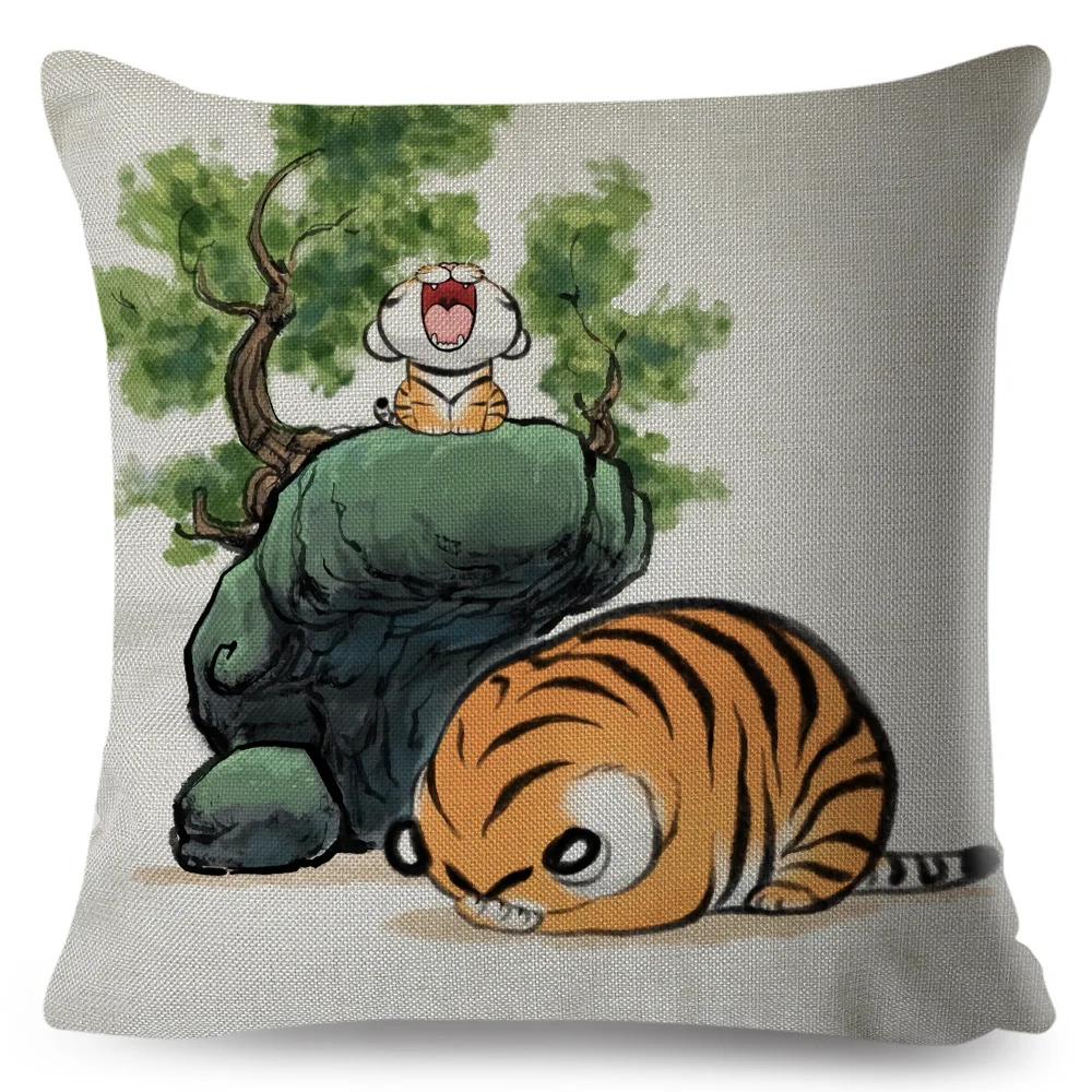 Funny Fat Tiger Cushion Cover Decor Cute Cartoon Animal Pillow Case for Sofa Home Car Linen Chinese Ink Throw Pillowcase