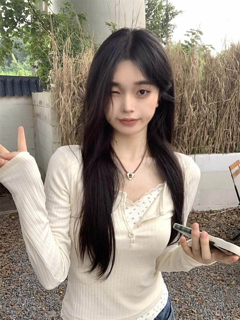 

Lace lace splicing floral fake two-piece women s bottoming shirt with autumn and winter slim-fitting design long-sleeved T-shirt top S