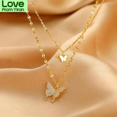 Srebrny złoty błyszczący motyl naszyjnik kobiecy wykwintny dwuwarstwowy wisiorek łańcuszek do obojczyka naszyjnik wesele biżuteria prezenty