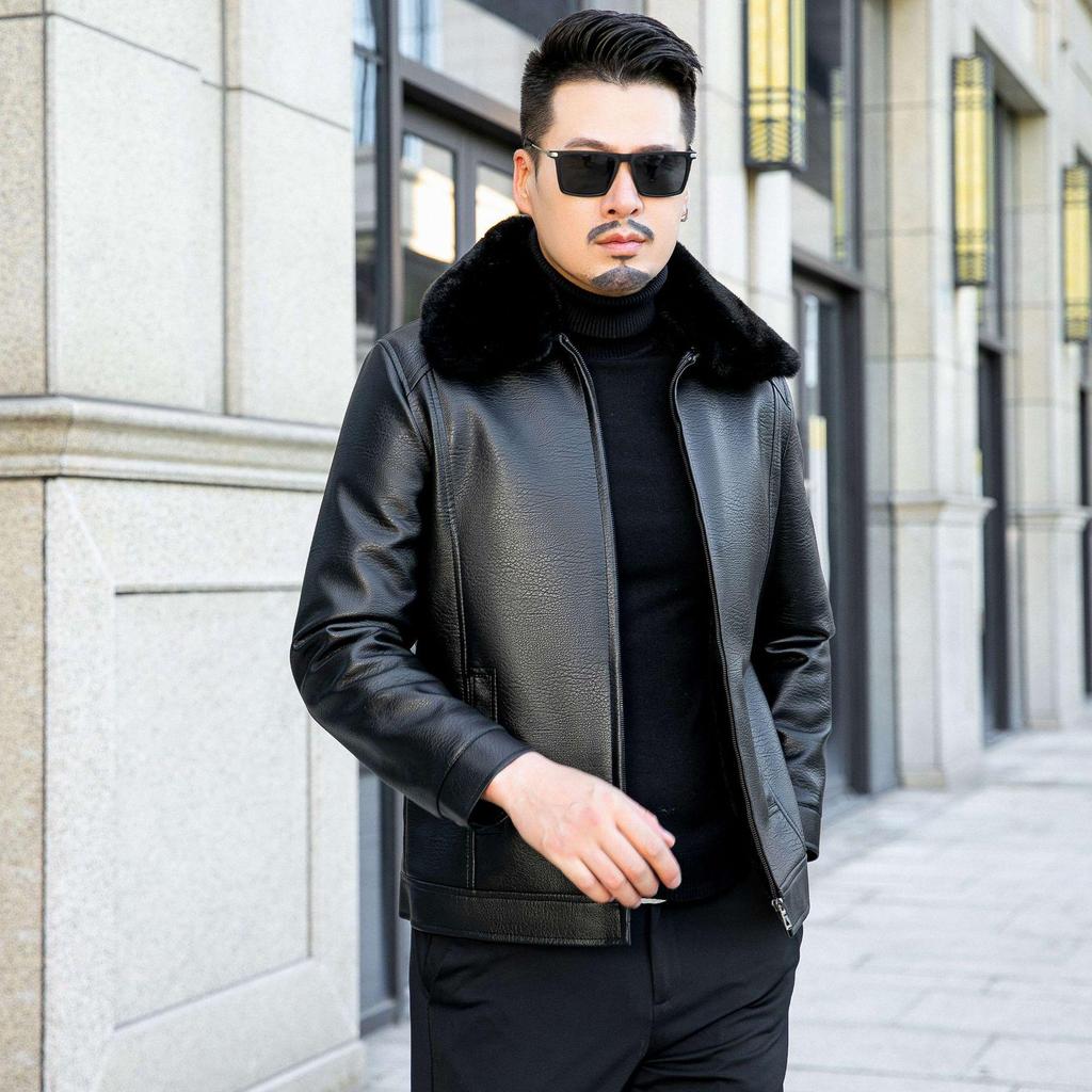 Men's Winter Casual Lapel Leather Jacket with Plus Velvet, Suitable for Middle-aged and Elderly.
