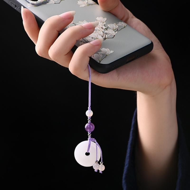 Vintage White Jade Buckle Pendant Phone Strap Chain Accessory Chinese Style Keychain Charm Unique Gift for Women Girls