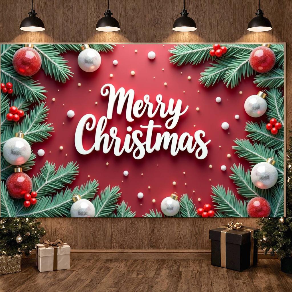 Festive Display Glossy Baubles Christmas Display Merry Christmas Banner Green Foliage Xmas Backdrop For Christmas Party Office