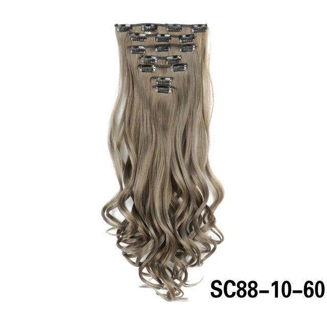 Długie kręcone klipsy do przedłużania włosów 16 klipsów syntetyczne naturalne kawałki włosów dla kobiet 7 sztuk/zestaw 24 cale Ombre blond czerwony czarny sztuczne włosy