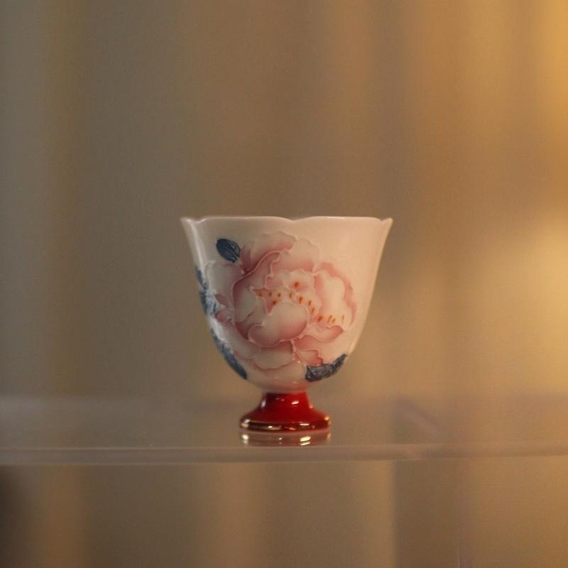 Pure handmade flower mouth master cup hand-painted stacking peony tea cup high-grade gold-painted tea cup Kung Fu tea