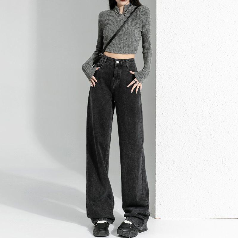 

Свободные прямые джинсы с высокой талией, широкими штанинами и драпировкой M серый/чёрный