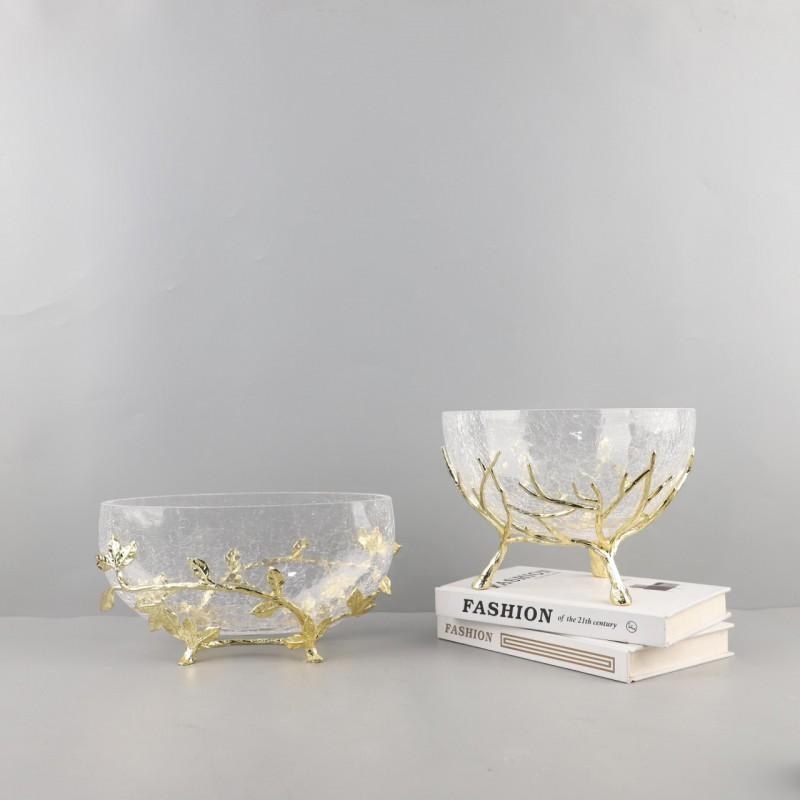 Modern Glass Fruit Bowl With Metal Tray Ice Crack Minimalist Dining Table Decor Restaurant Hotel Airbnb