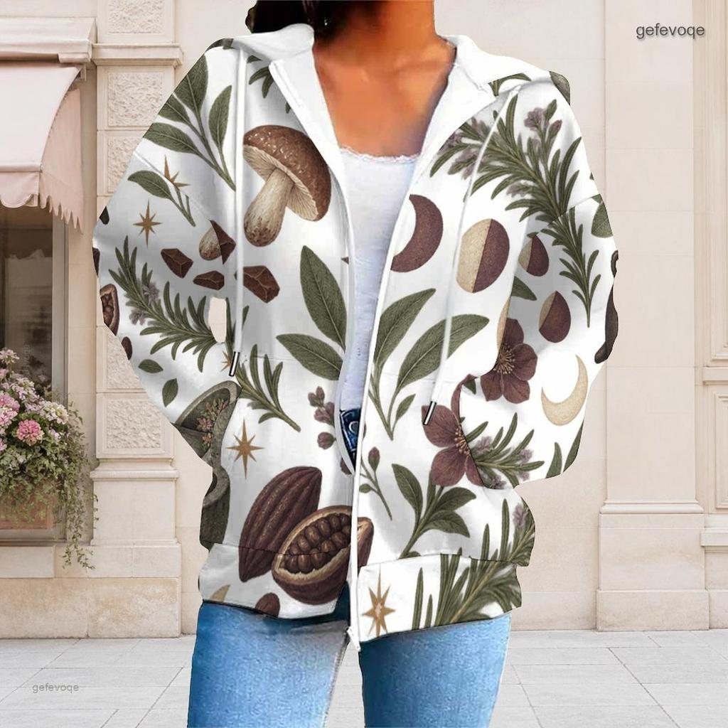 Women Plus Size Zip Up Long Sleeve Hoodie White Raven Rose Key Print Drawstring Hood With Pockets