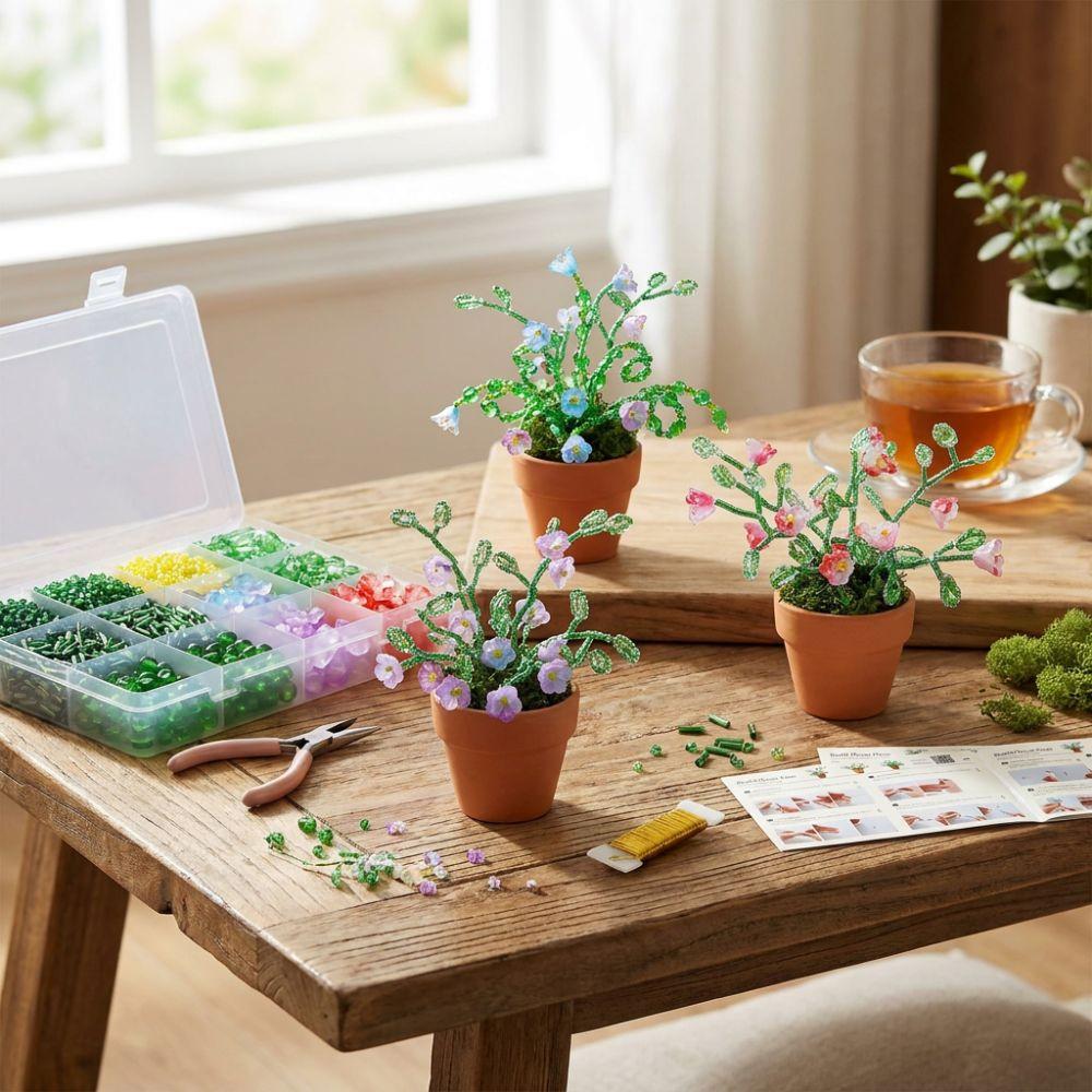 Self-make Beaded Flower Leaf Craft Set Succulent Cactus Glass Bead Floral Craft Box Jewelry Making