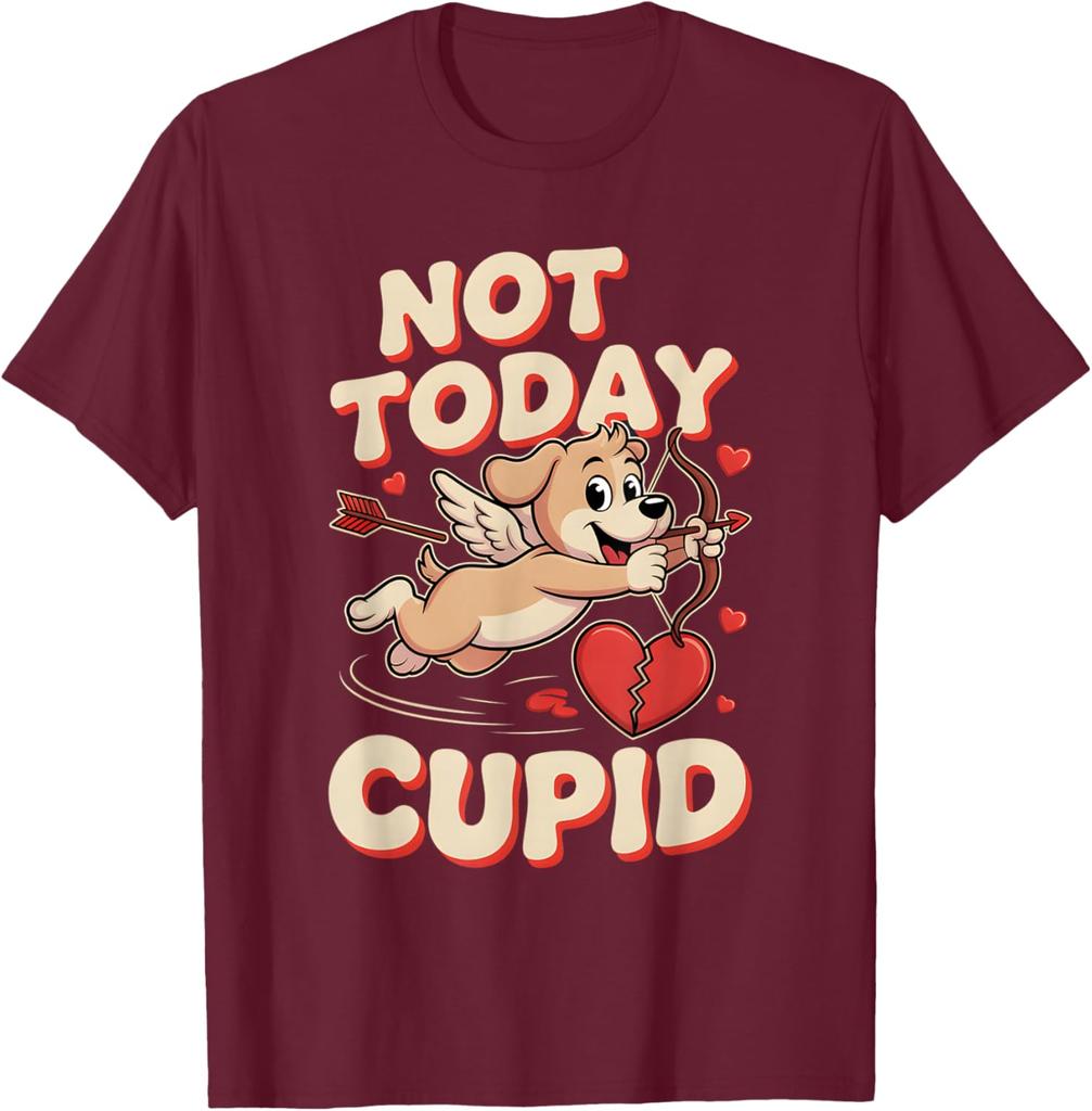 Not Today Cupid Funny Puppy Cartoon Graphic Tee Anti Valentine Casual Short Sleeve T-Shirt