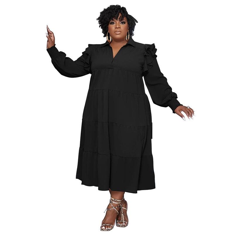 

Весенне-осеннее женское платье больших размеров с длинными рукавами и многослойным подолом 4XL чёрный