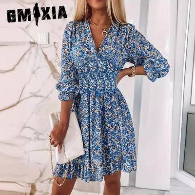 Damenmode Sommer Frühling Blumendruck Kurzarm V-Ausschnitt Hohe Taille Freizeitkleider