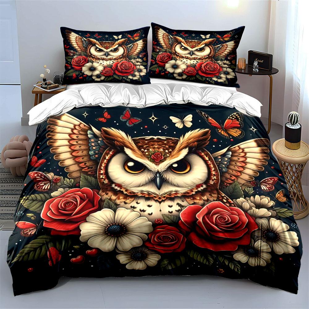 Owl Floral Art Decor Set Bedding Set with 1 Duvet Cover 2 Pillowcases Single Double King Queen, Gift