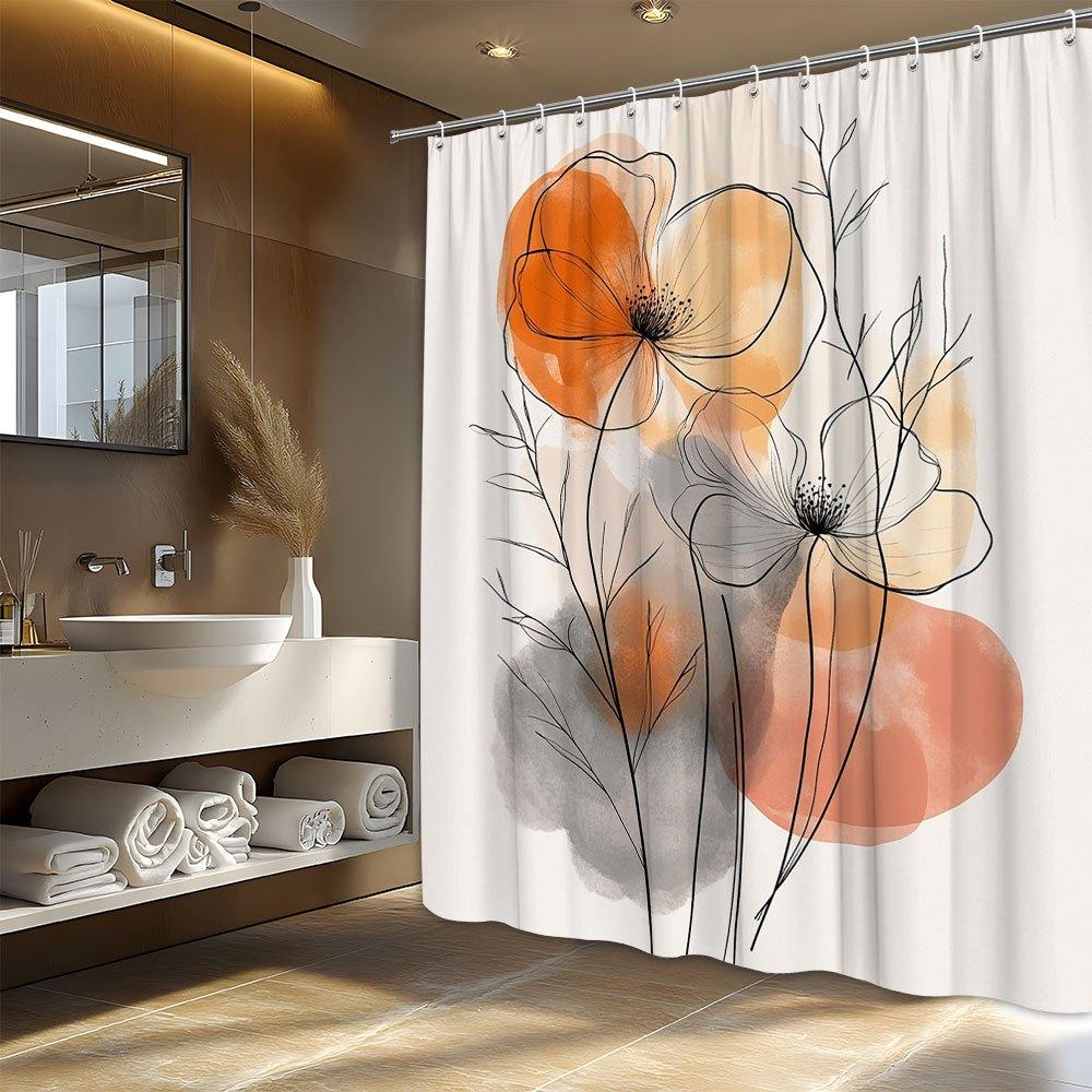 1pc Minimalist Floral & Branches Shower Curtain - Warm Tones, Polyester,  Modern Bathroom Decor W90XH180cm