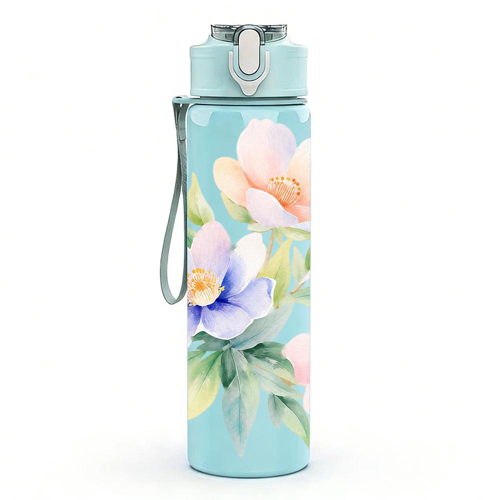 1PC Pastel Watercolor Floral Graphic,750ml Color Plastic Sports Water Bottle,Leakproof Flip Straw Lid,Suitable for Sports Office Home Use