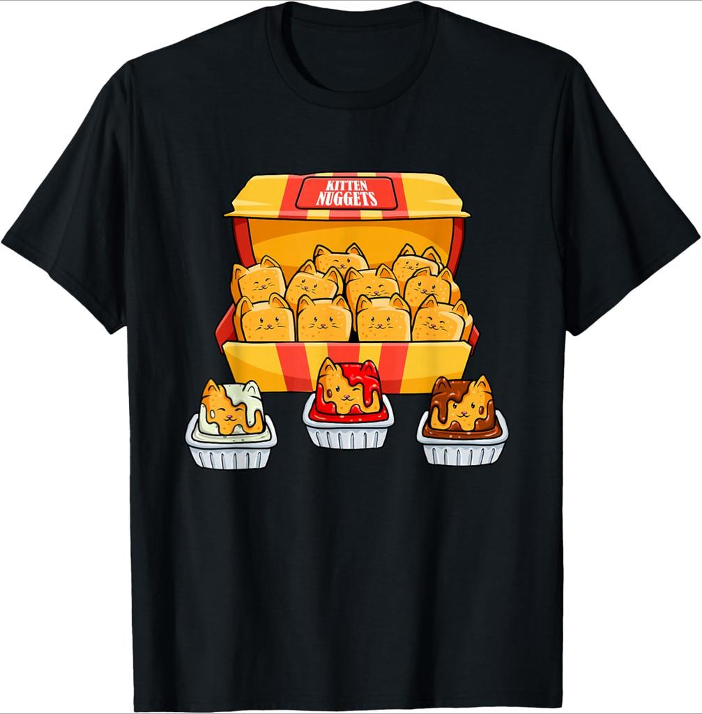 Cartoon Cat Nuggets Black TShirt Cute Food Theme Womens Oversize Casual ShortSleeved Soft Comfortable Basic Crew Neck Top