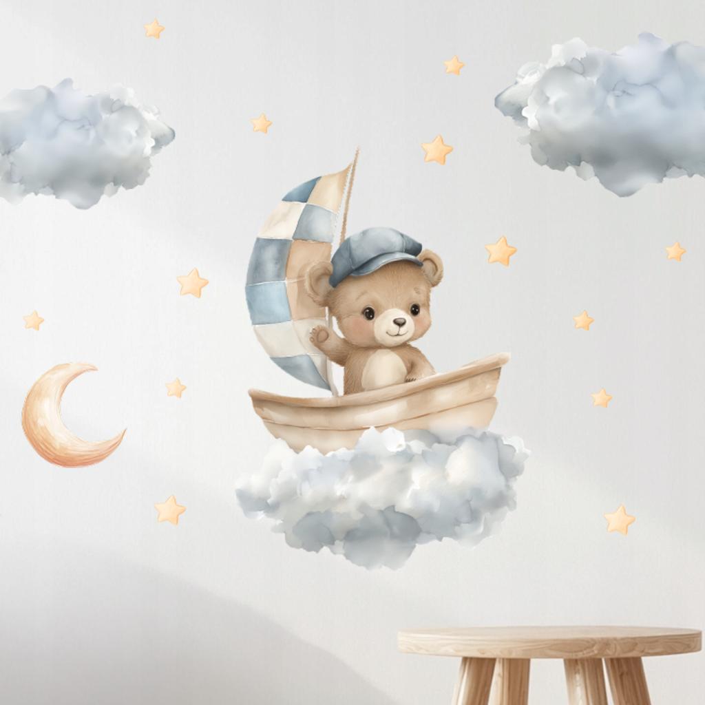 Teddy Bear In A Boat On Clouds And Stars Wall Stickers For Children'S Room