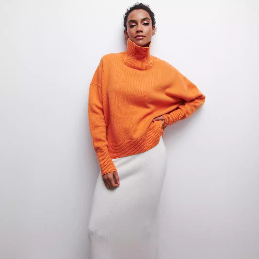 

Осень-зима Женский свободный свитер с высоким воротом, большой размер, топ с длинным рукавом, осенний повседневный свободный джемпер, толстые теплые вязаные пуловеры для женщин L оранжевый