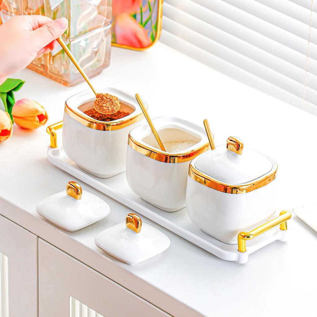 High-End Ceramic Seasoning Jar Set with Spoon - Moisture-Proof and Stylish Salt & Spice Containers for Kitchen
