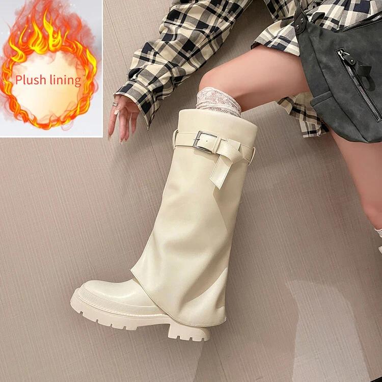 Fashion Elegant Black Belt Buckle Straight Tube Knee High Skirt Boots Women's Autumn Winter Fashion 5cm Thick Heel Western Long Boots