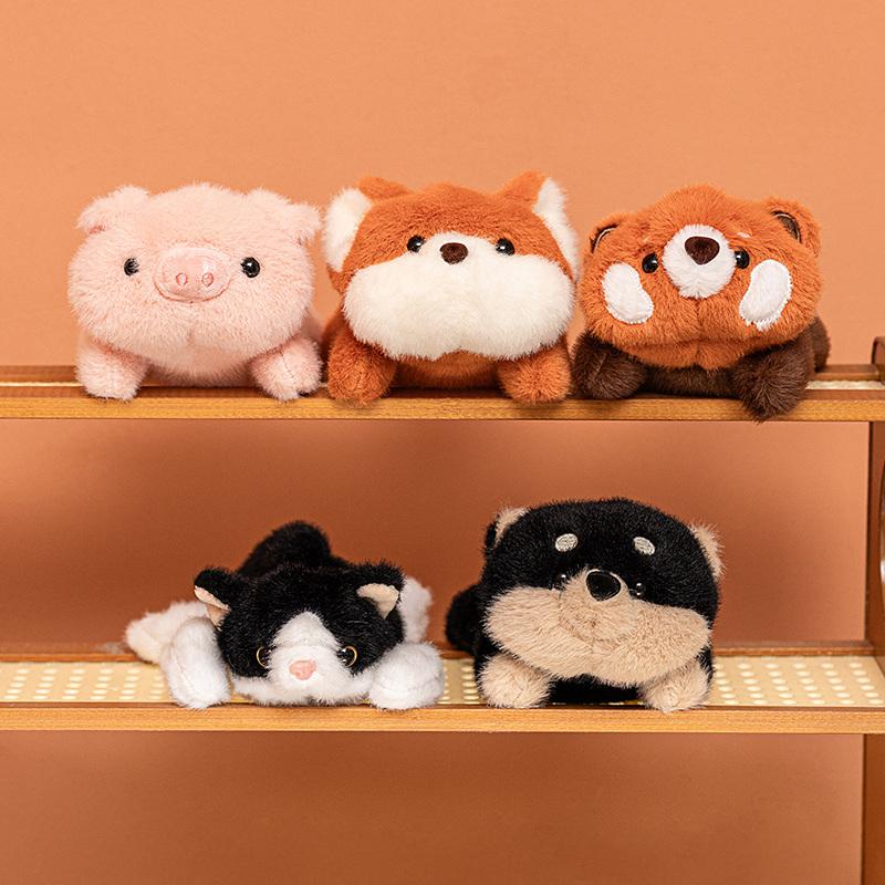 1Pc 17cm Kawaii Lying Fox Raccoon PigShiba Inu Black Cat Plushie Doll Cute Animal Toy Accompany Dolls Funny Birthday Xmas Gift