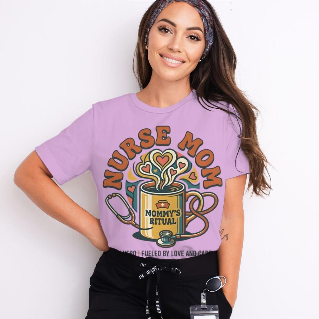 Nurse Mom Tshirts Mommys Ritual Vintage Streetwear Fashion Stethoscope And Coffee Pattern Women Short Sleeve Nurse Tshirt Gift