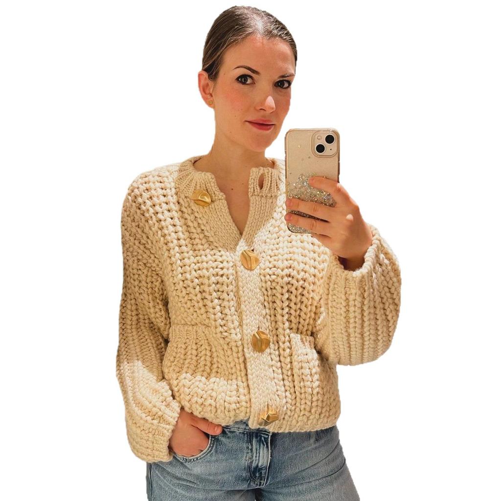 European Casual Women's Solid Color Round Neck Cardigan Sweater - Loose Knit Long Sleeve Top