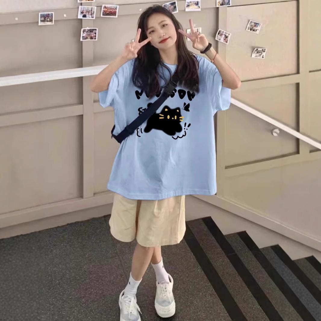 

American retro design kitten print short-sleeved T-shirt pure cotton spring and summer loose large version couple men s and women s tops m (recommended 80-100) светло-синий