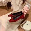 French temperament gentle square head metal buckle bow thick heel commuting versatile light mouth red gentle single shoes women's autumn