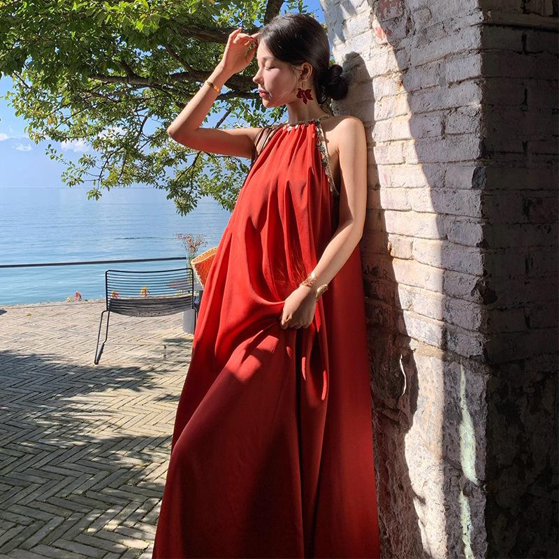 

Богемное красное платье с открытыми плечами для женщин - Северо-западная длинная юбка-свинг Лицзян, идеально подходит для путешествий по Синьцзяну или праздничных нарядов. Large