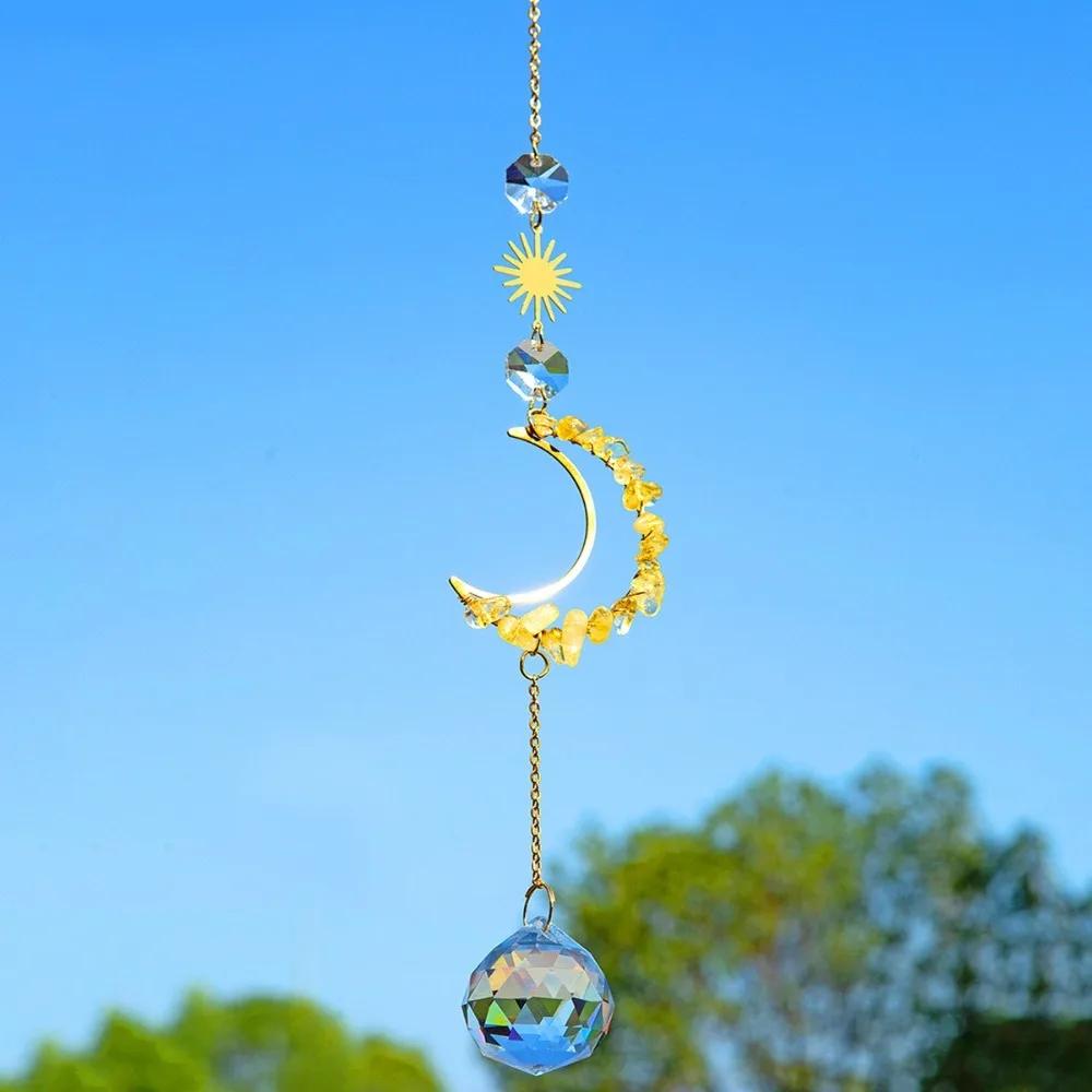 New Crystal Wall Hanging Crystal Suncatcher Raw Stone Shape of the Moon Crystal Wind Chime Colourful Moon Prism Pendant Garden